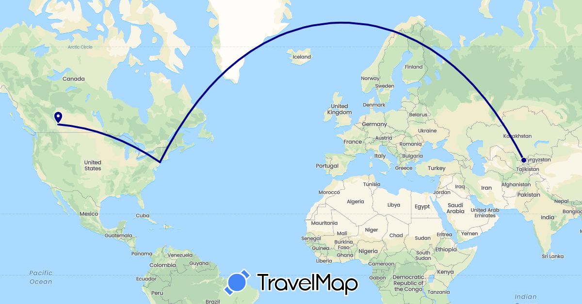 TravelMap itinerary: driving in Canada, United States, Uzbekistan (Asia, North America)